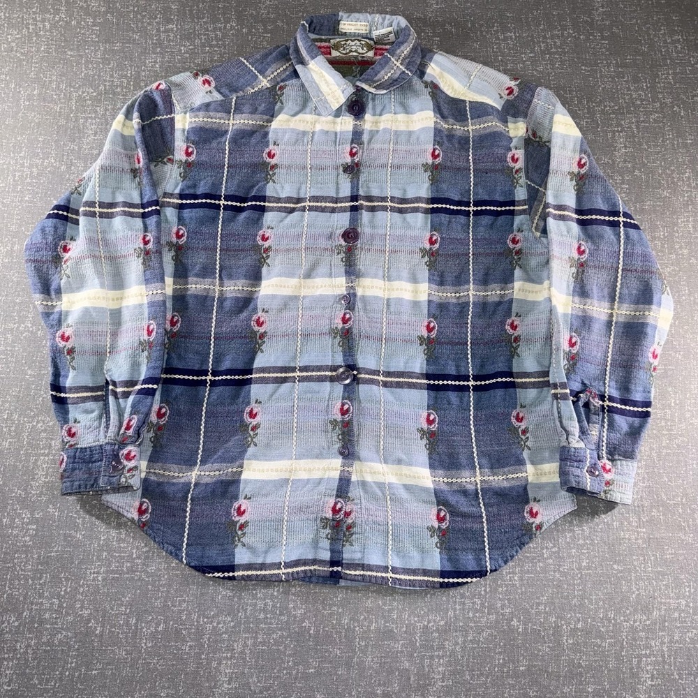 Vintage Angelique Shirt Womens Large Blue Plaid Rose Embroidered Button Up 90s